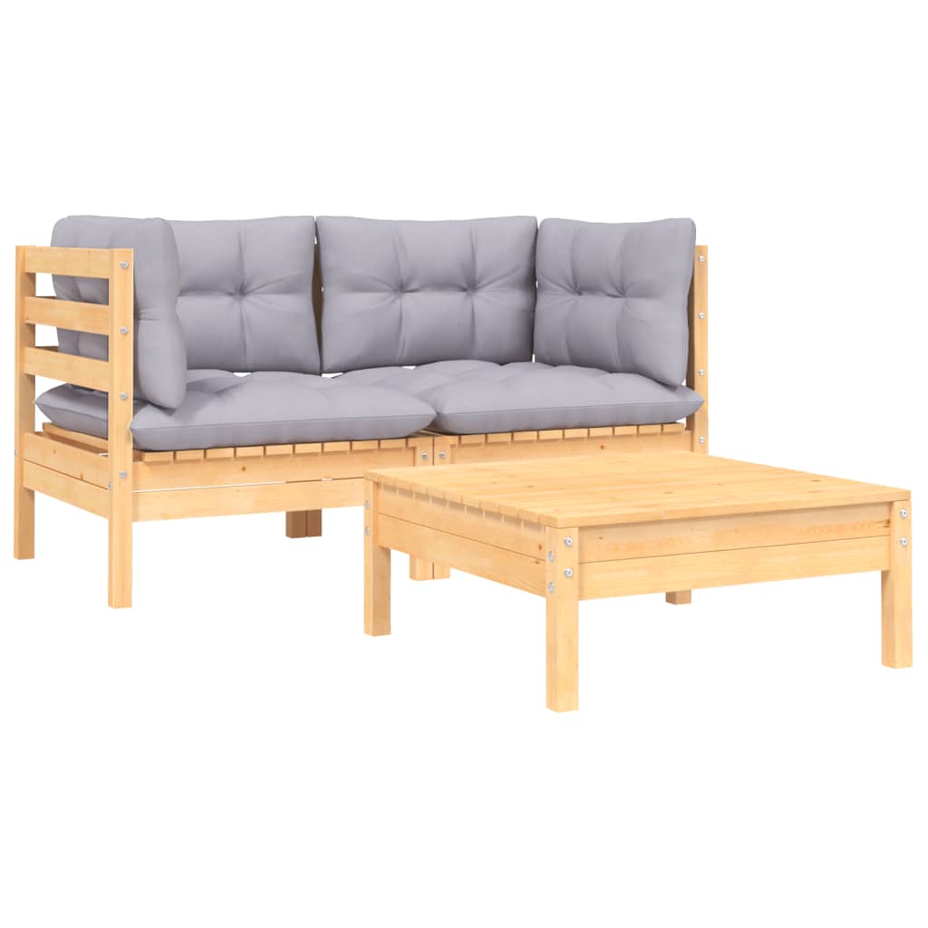 

vidaXL 3-delige Loungeset met grijze kussens massief grenenhout