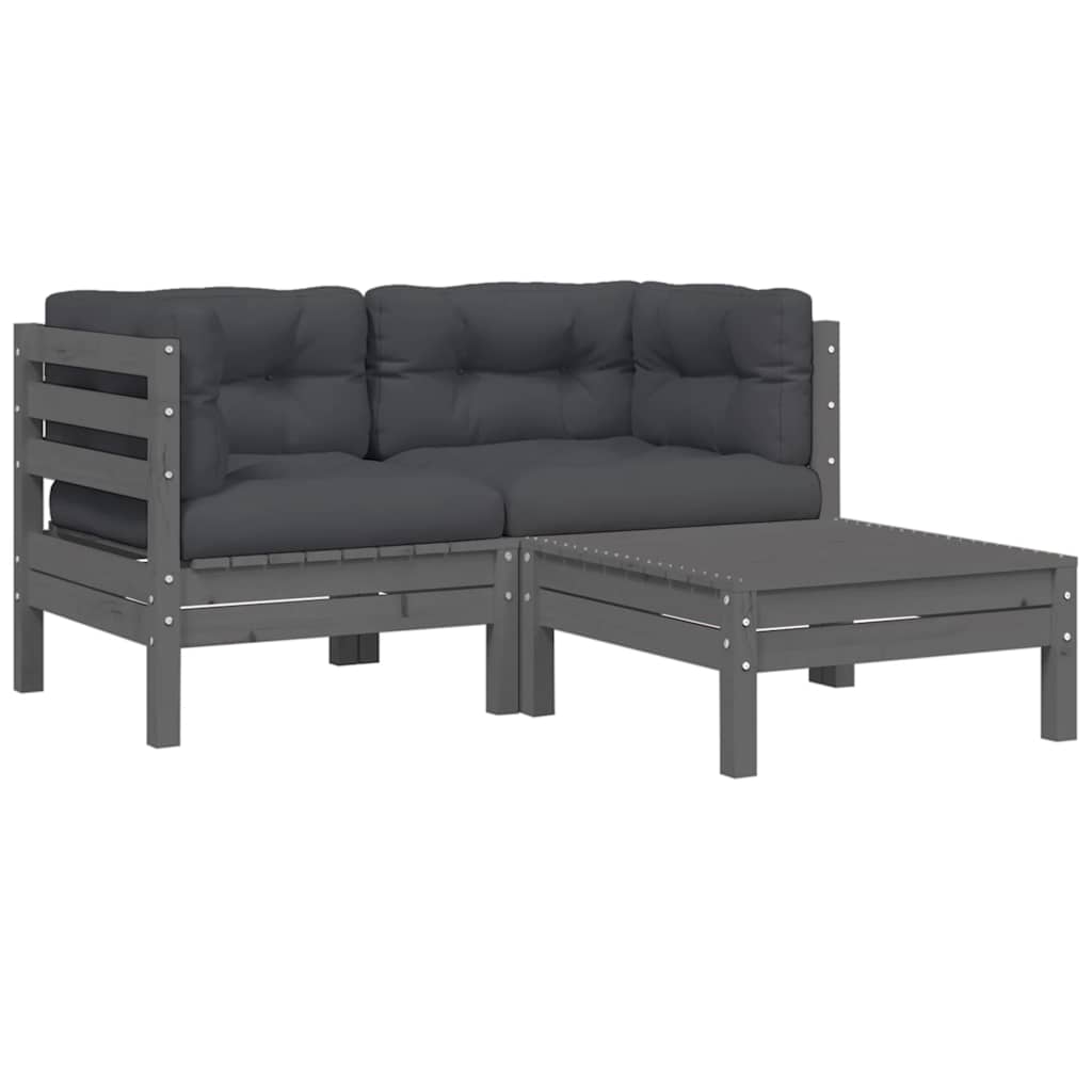 vidaXL 3dílná zahradní sedací souprava a podušky šedá masivní borovice