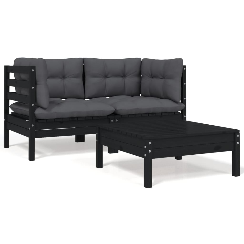 vidaXL 3-tlg. Garten-Lounge-Set mit Kissen Schwarz Massivholz Kiefer