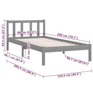 Rám postele šedý masivní borové dřevo 90 x 200 cm - obrázek 9