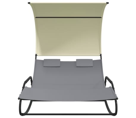 vidaXL Șezlong balansoar plajă dublu cu baldachin, gri/crem, textilenă