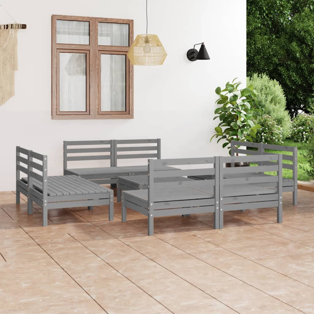 Vidaxl Set Mobilier De Gradina, 9 Piese, Gri, Lemn Masiv De Pin