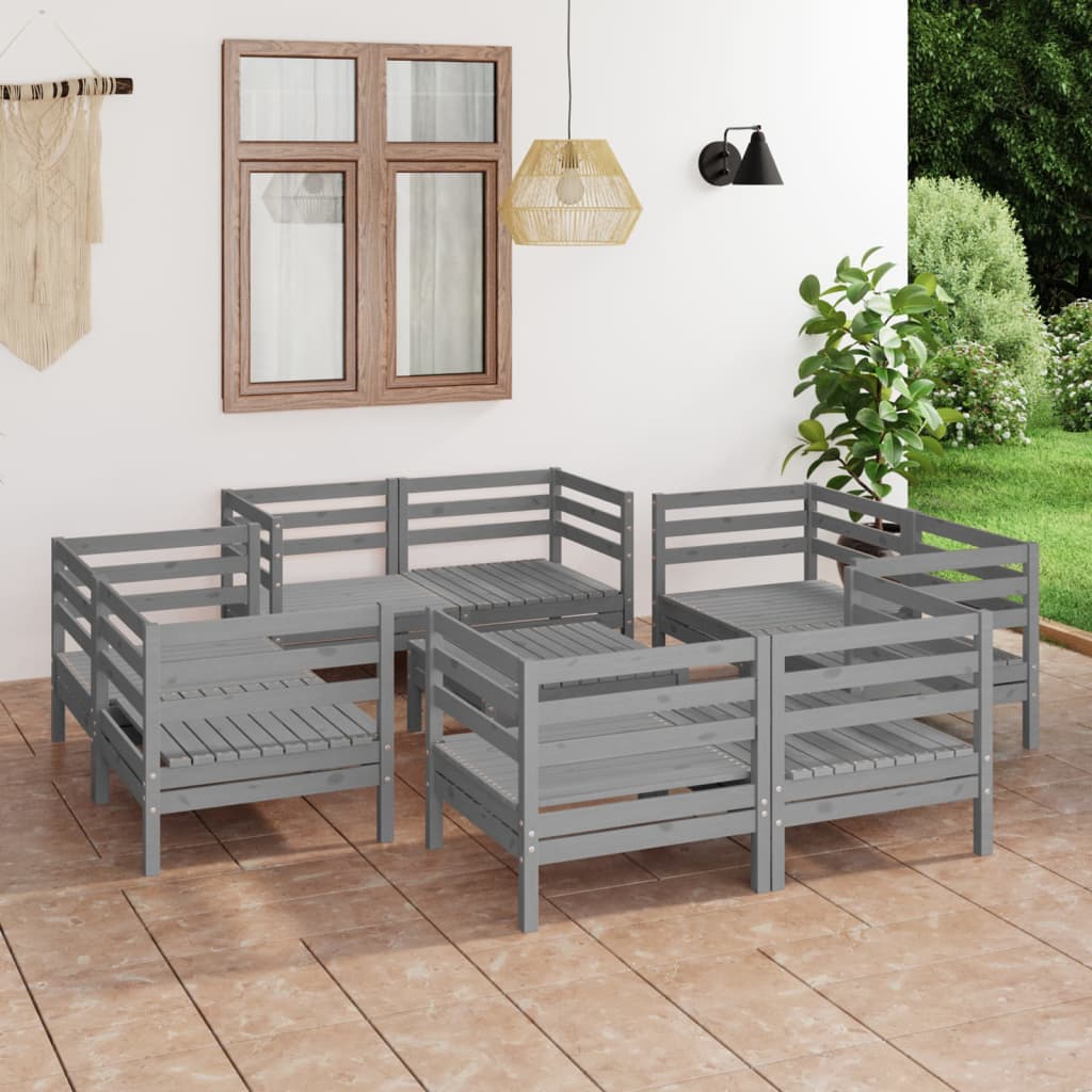 9-tlg. Garten-Lounge-Set Grau Kiefer Massivholz