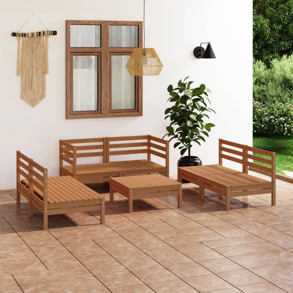 Salon de jardin 7 pcs Marron miel Bois de pin massif