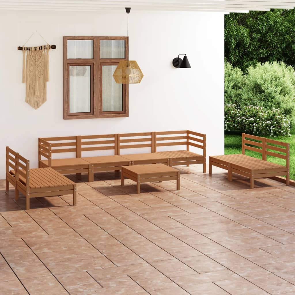 Salon de jardin 9 pcs Marron miel Bois de pin massif