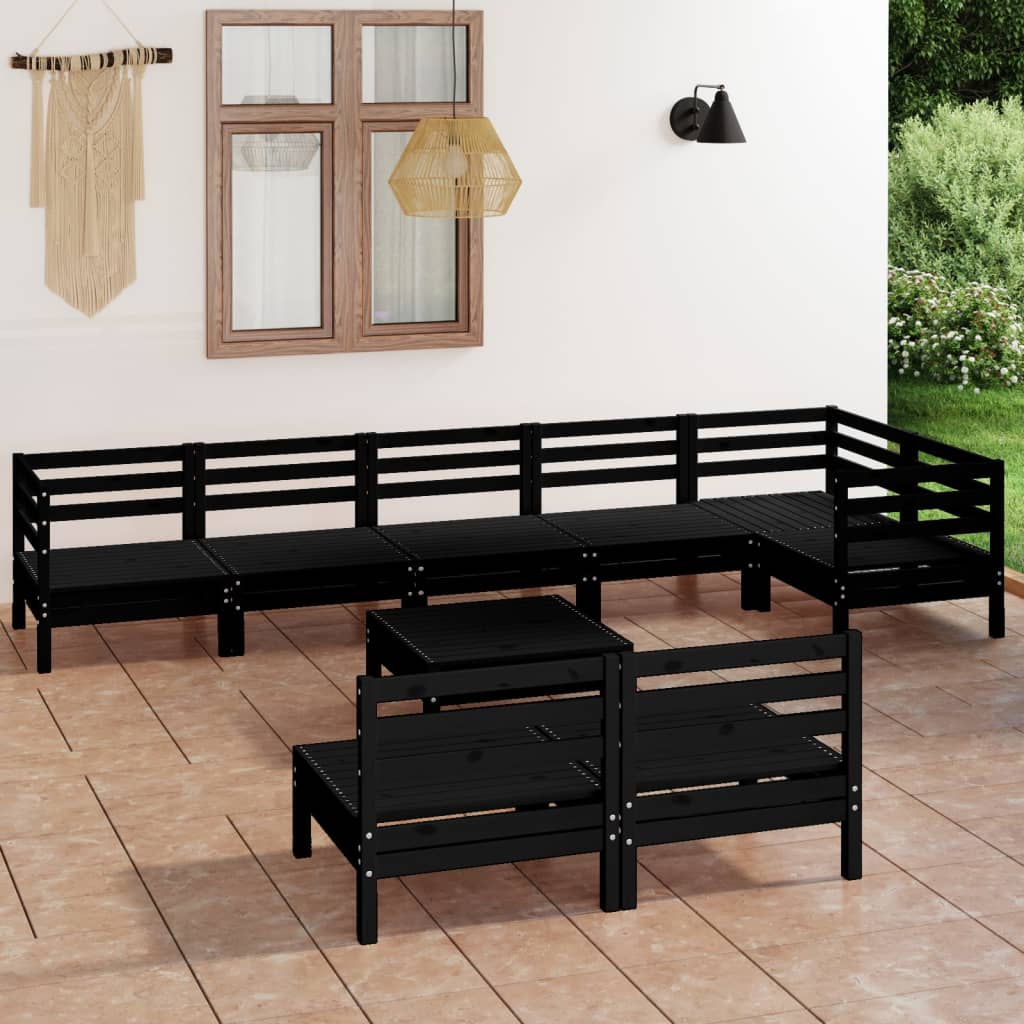 Set mobilier de grădină, 9 piese, negru, lemn masiv de pin