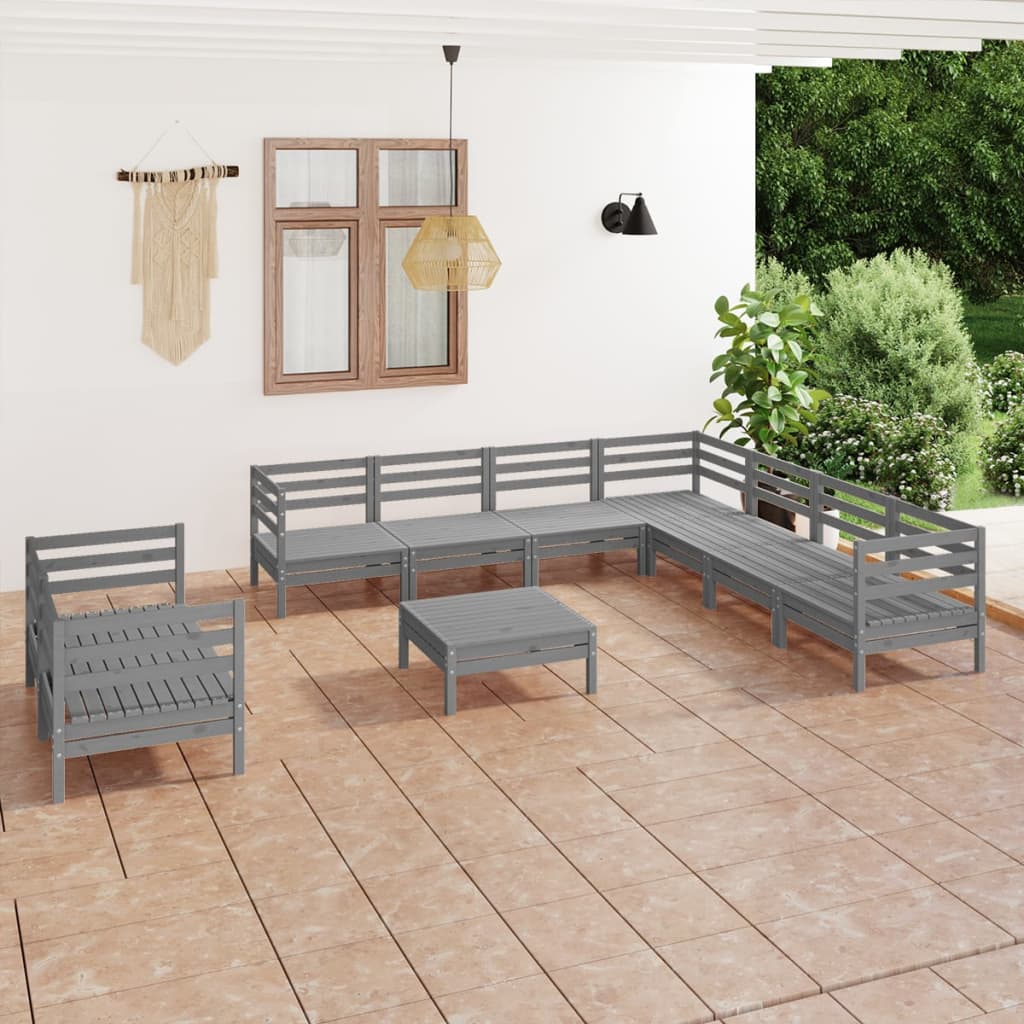 Vidaxl Set Mobilier De Gradina, 10 Piese, Gri, Lemn Masiv De Pin