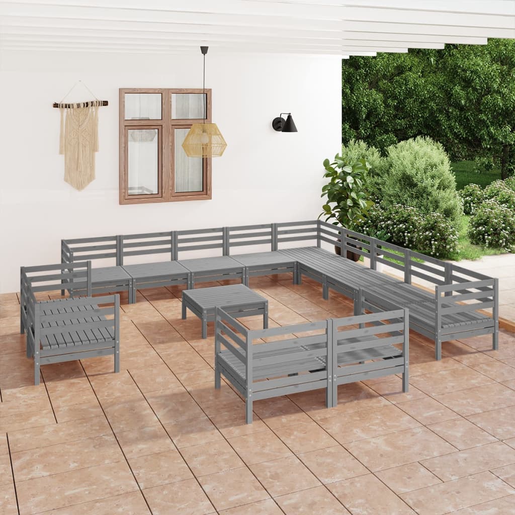 Vidaxl Set Mobilier De Gradina, 14 Piese, Gri, Lemn Masiv De Pin