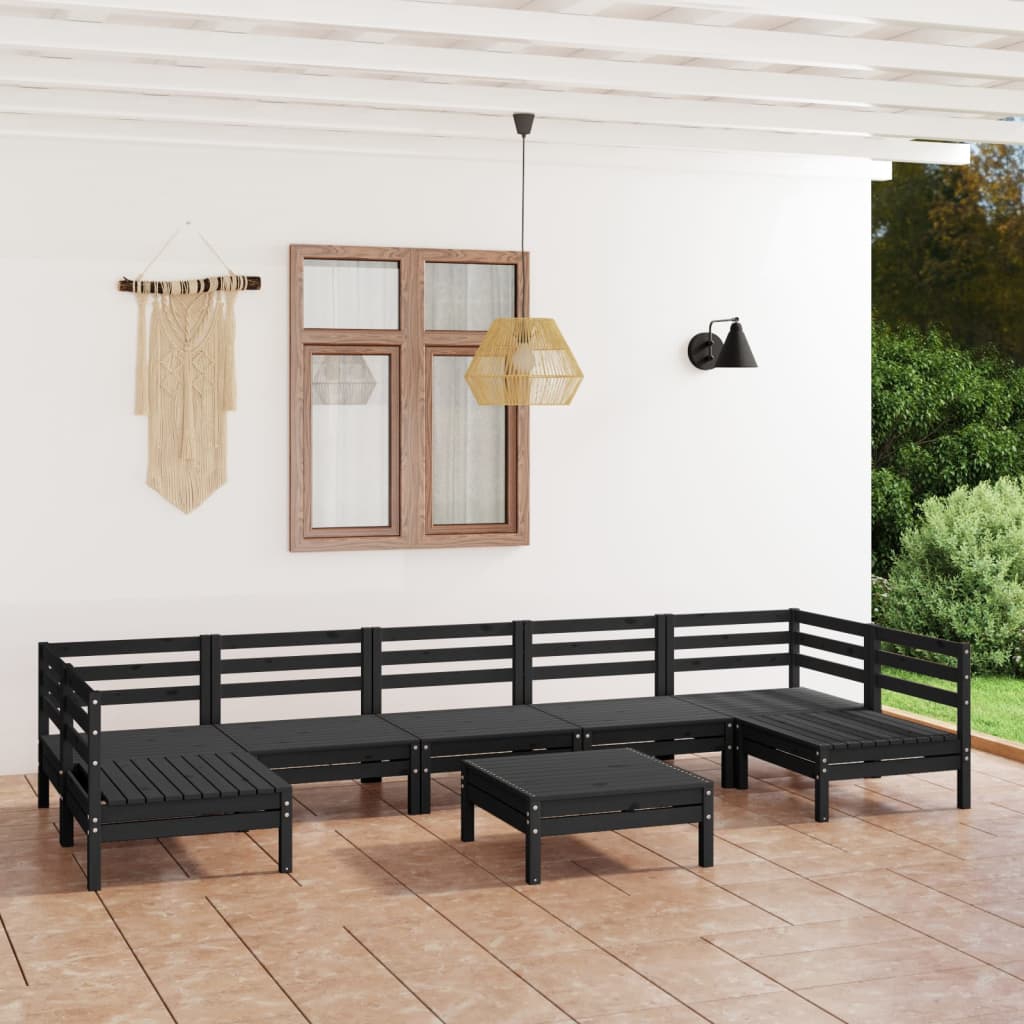 vidaXL Set mobilier relaxare grădină, 8 piese, negru, lemn masiv pin