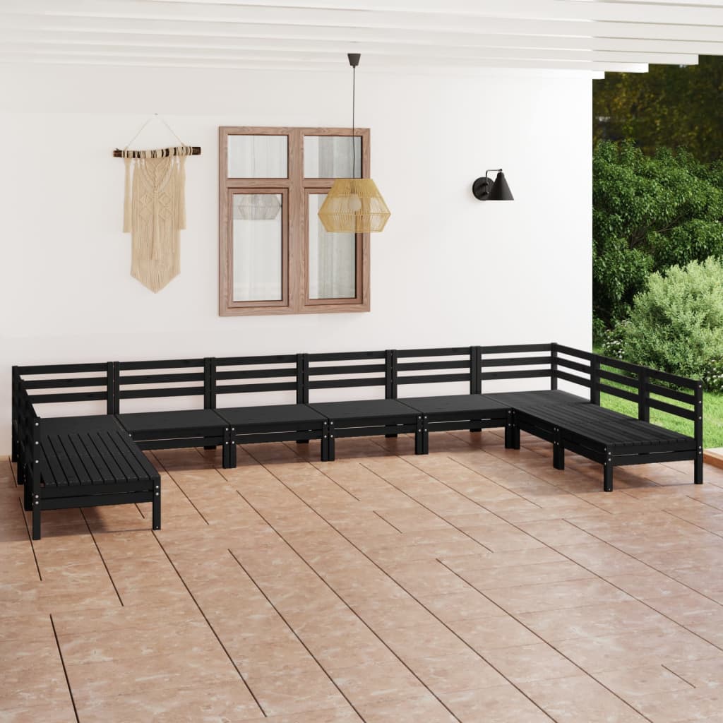 vidaXL Set mobilier relexare grădină, 10 piese, negru, lemn masiv pin