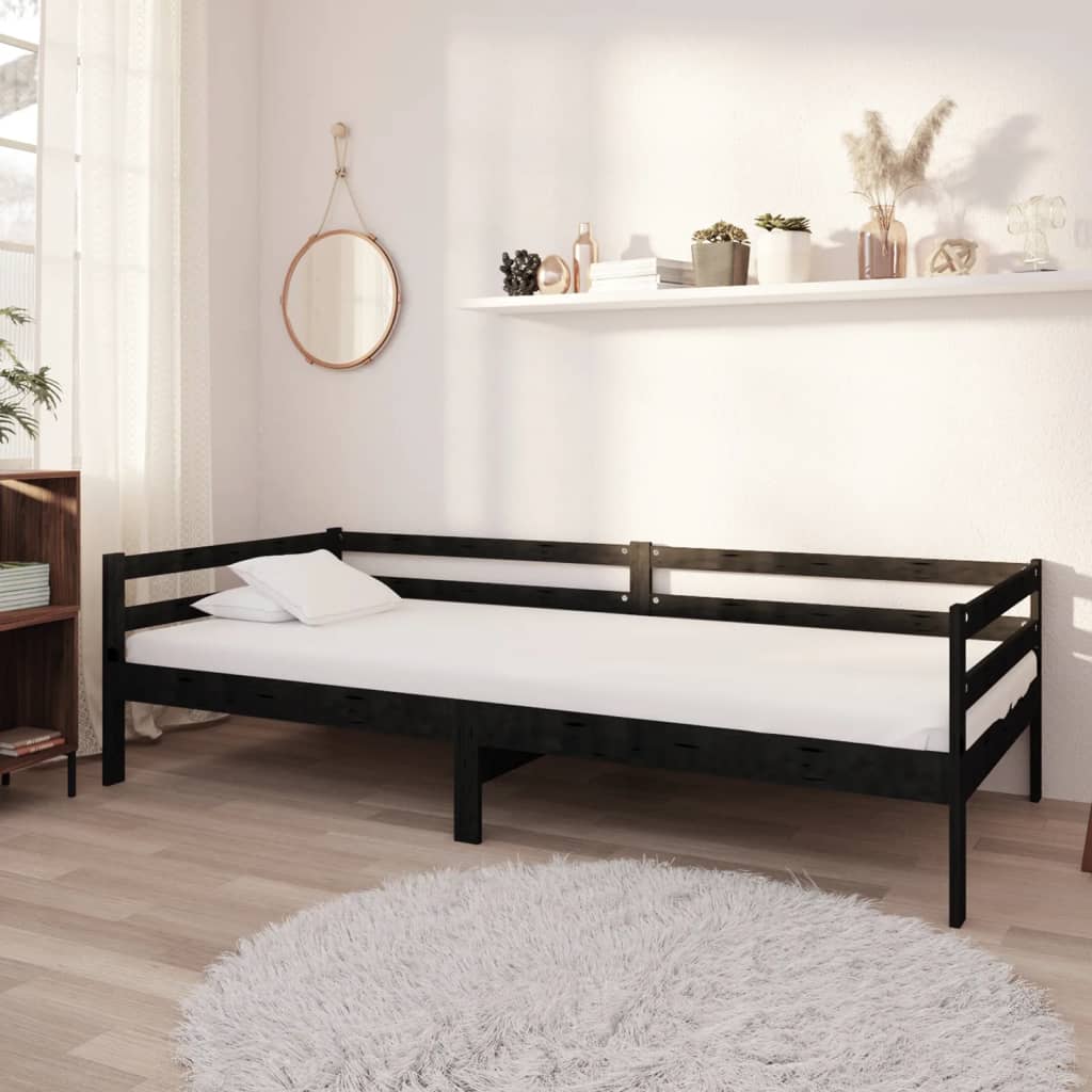 vidaXL Lit de repos avec matelas 90x200 cm Noir Bois de pin massif