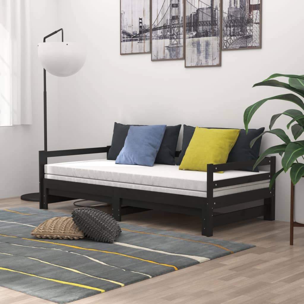 

vidaXL Slaapbank uitschuifbaar massief grenenhout zwart 2x(90x200) cm