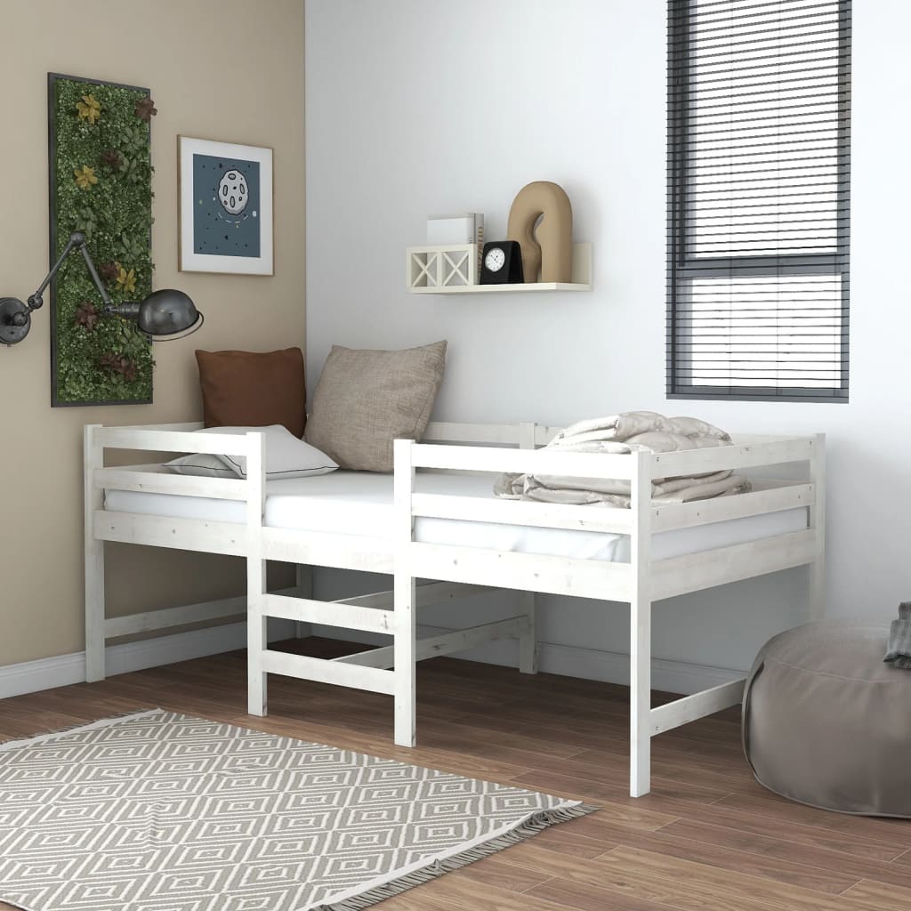 Mittelhohes Bett mit Matratze 90×200 cm Weiß Massivholz Kiefer