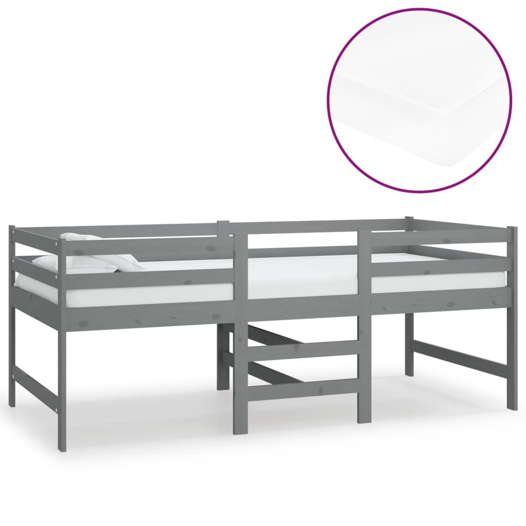 Mittelhohes Bett mit Matratze Grau 90x200 cm Massivholz Kiefer | Stepinfit