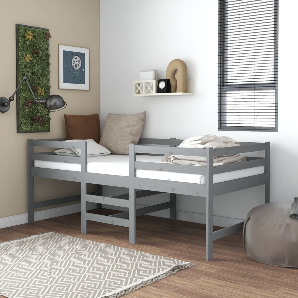 Lit mi-haut avec matelas 90x200 cm Gris Bois de pin massif