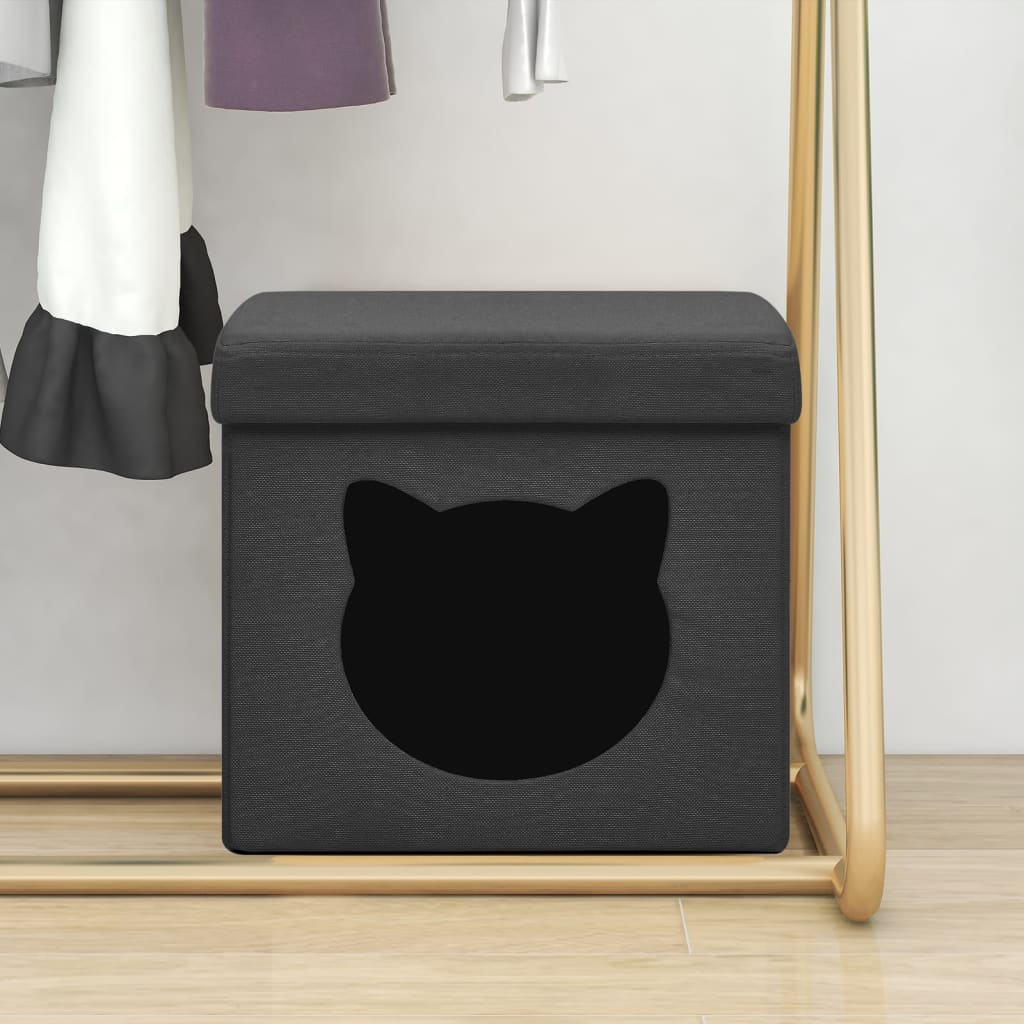vidaXL Taburet depozitare pliabil, negru cu model pisică, ţesătură depozitare