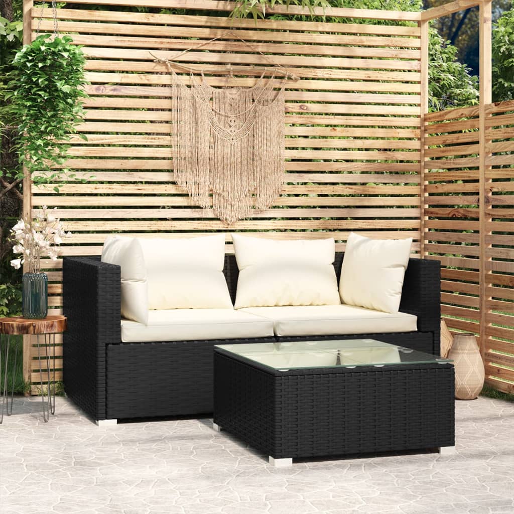 vidaXL Set mobilier de grădină cu perne, 3 piese, negru, poliratan vidaXL