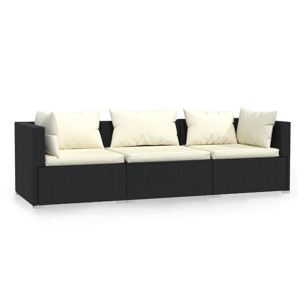 3-osobowa sofa z poduszkami, czarna, polirattanowa