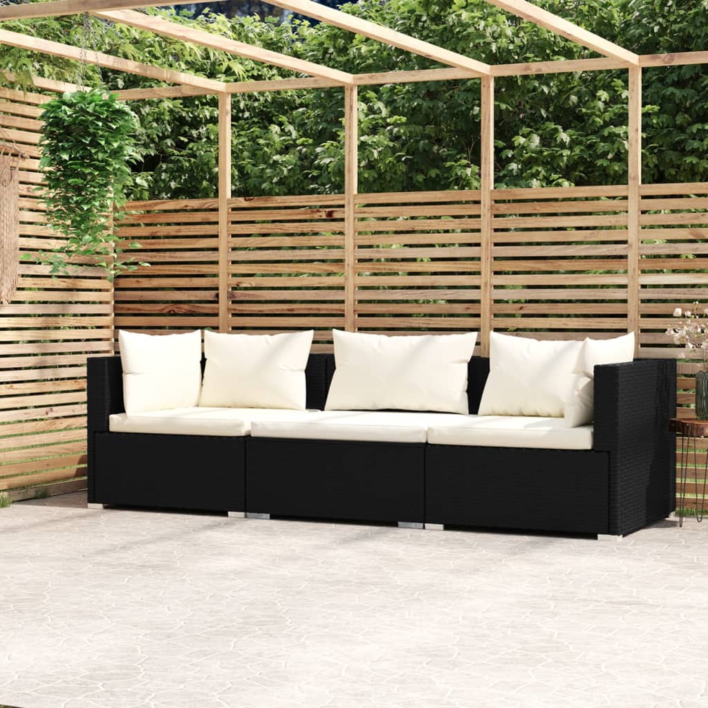 vidaXL 3-Sitzer-Sofa mit Kissen Schwarz Poly Rattan