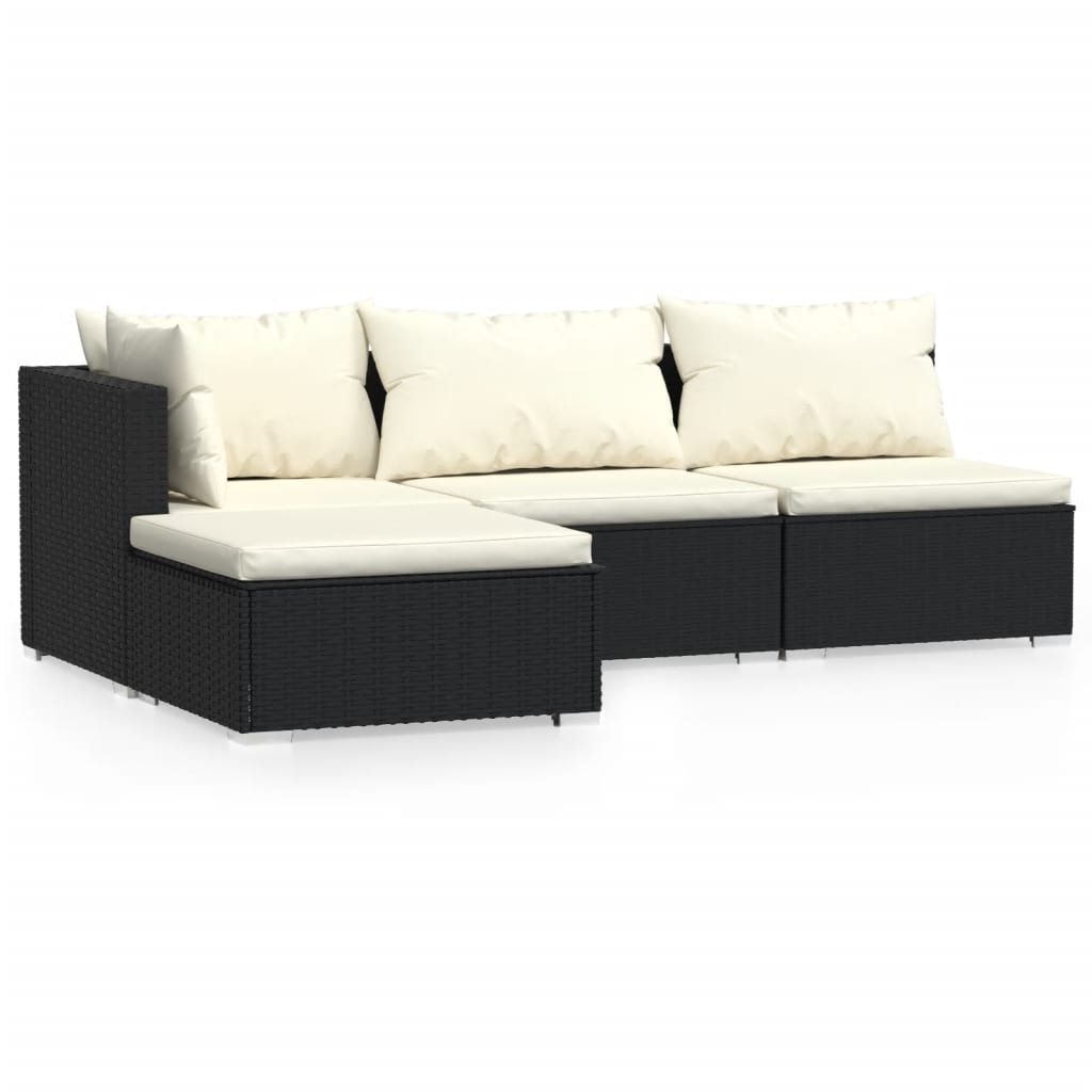 Set mobilier de grădină cu perne, 4 piese, negru, poliratan