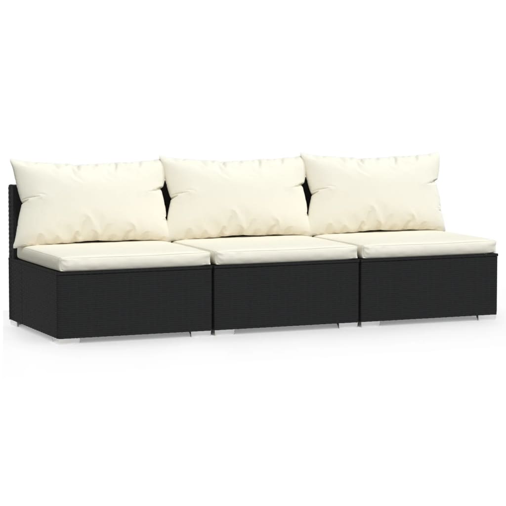 Klasyczna sofa rattanowa 3-osobowa, czarna, z poduszkami kremowymi, 210x70x60,5cm