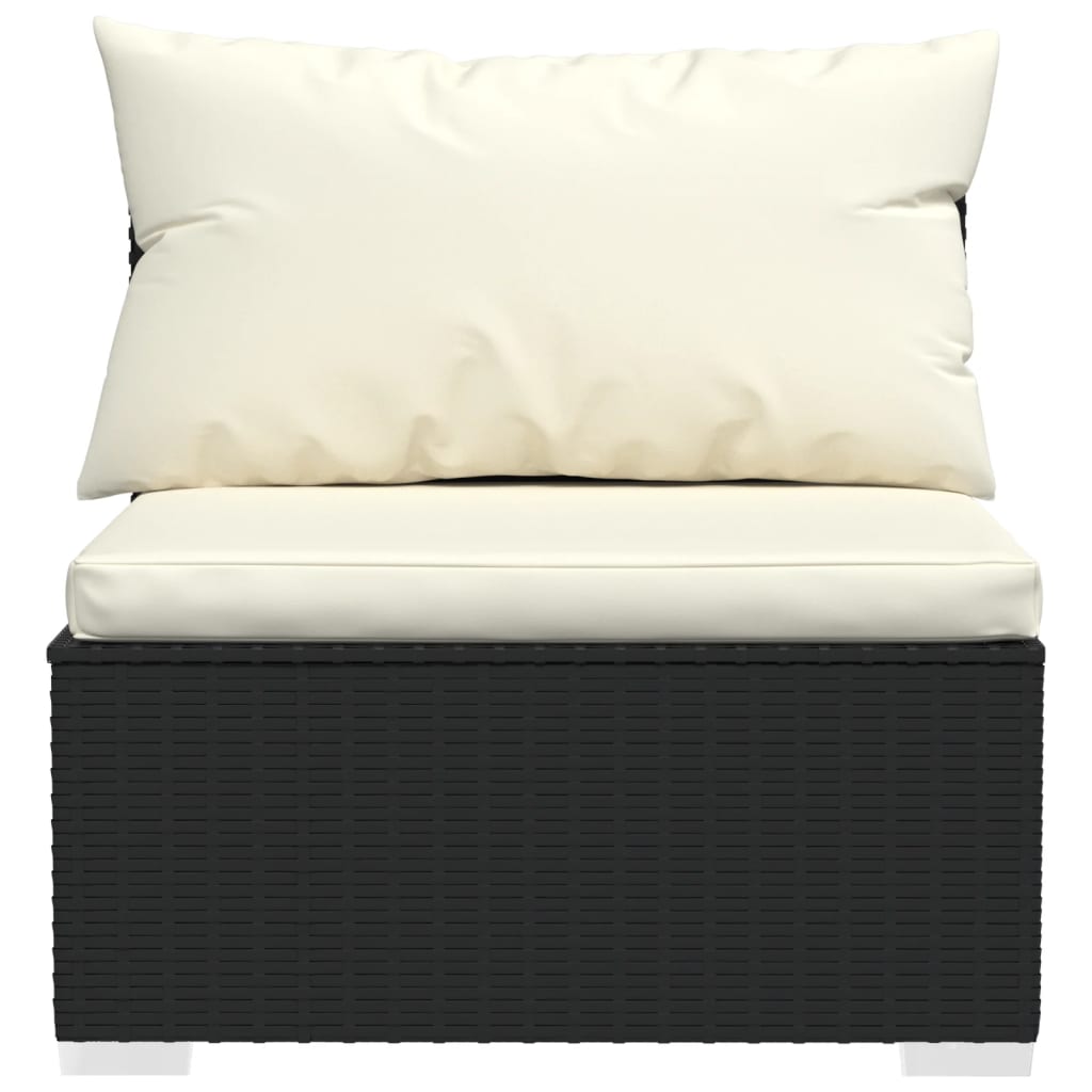 Klasyczna sofa rattanowa 3-osobowa, czarna, z poduszkami kremowymi, 210x70x60,5cm