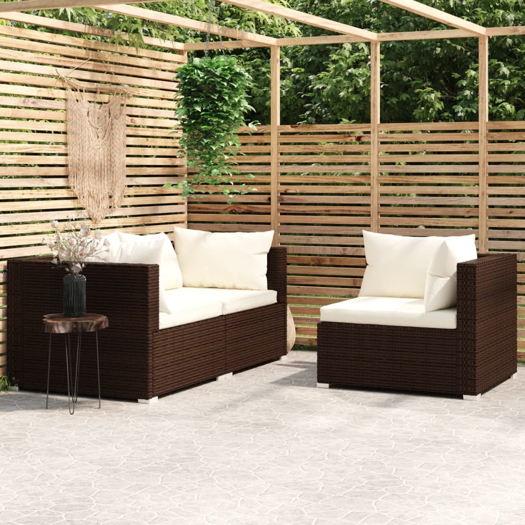3-tlg. Garten-Lounge-Set mit Auflagen Braun Poly Rattan