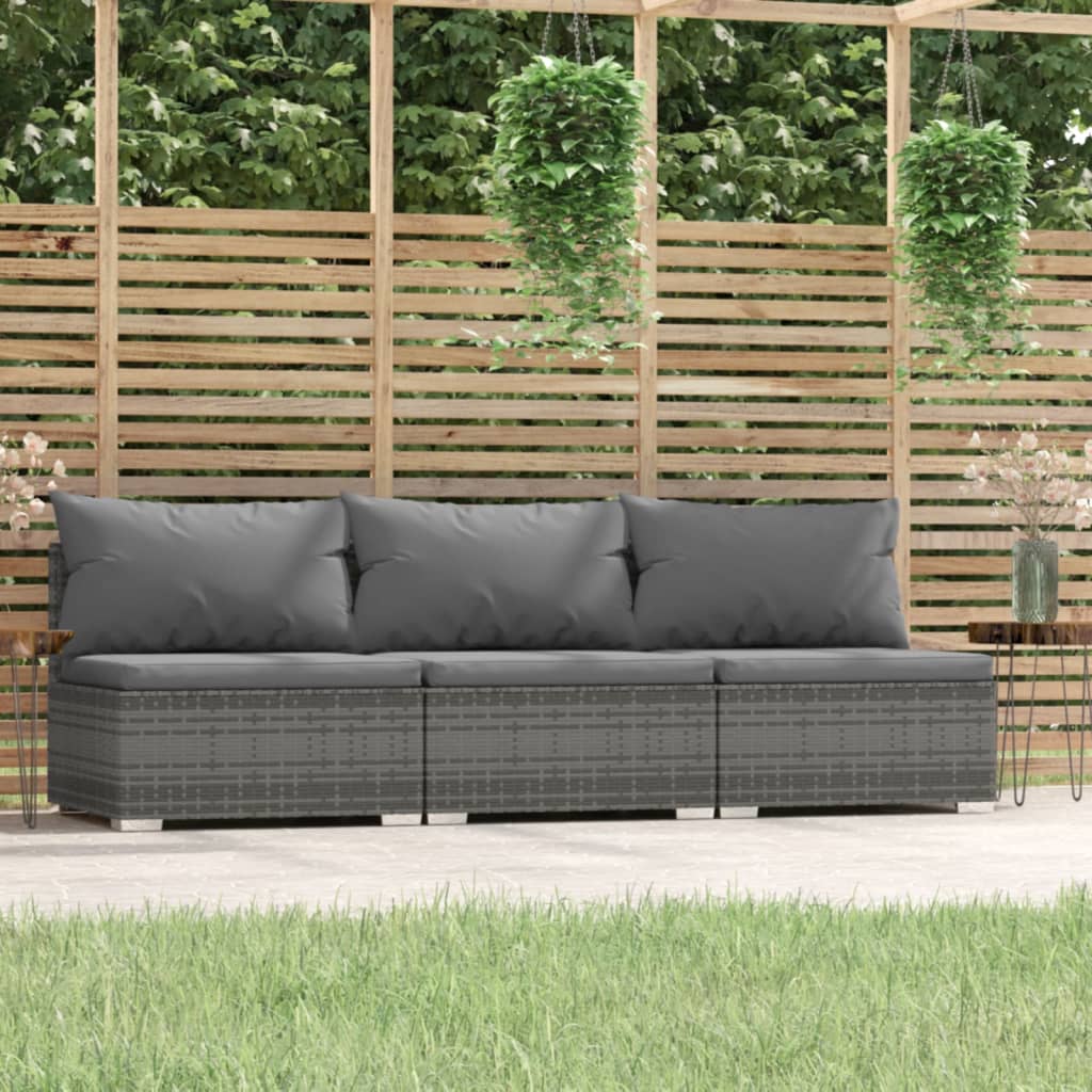 vidaXL 3-personers sofa med hynder polyrattan grå