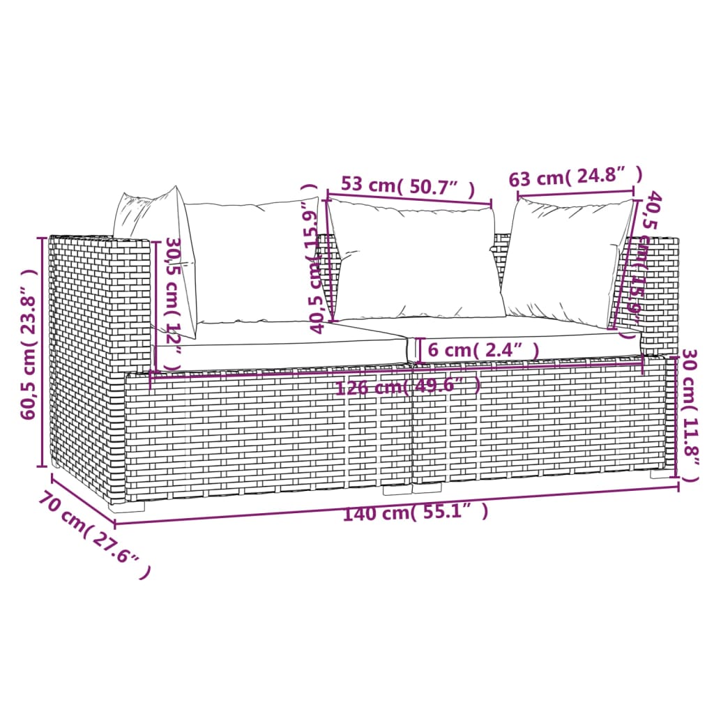 2-osobowa sofa z poduszkami, czarna, polirattan