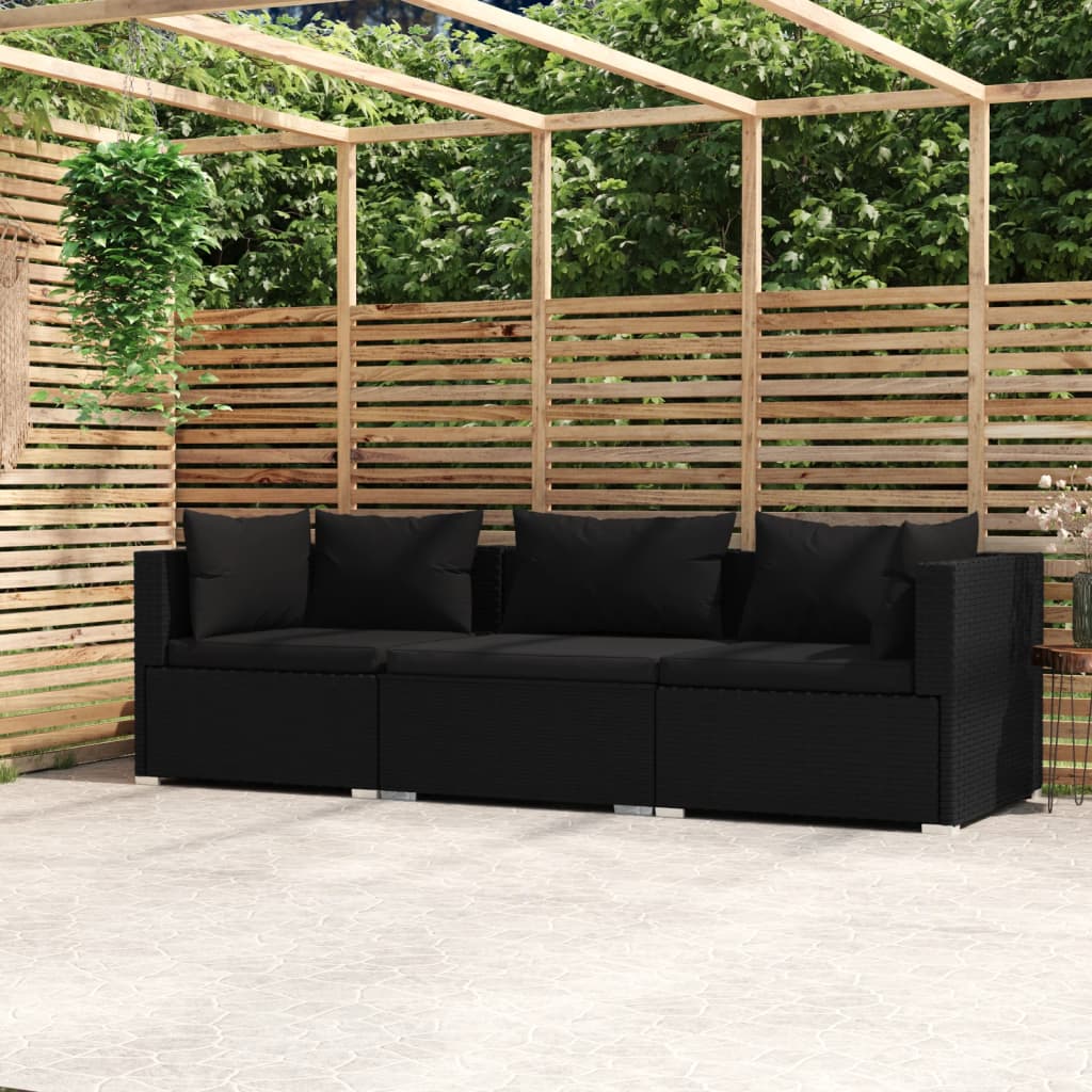 vidaXL Canapea de grădină cu perne, 3 locuri, negru, poliratan