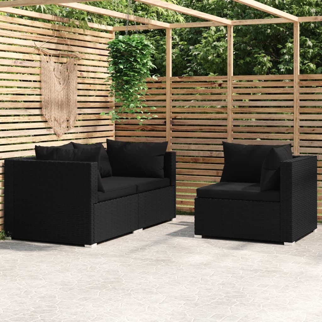 vidaXL Set mobilier de grădină cu perne, 3 piese, negru, poliratan vidaXL