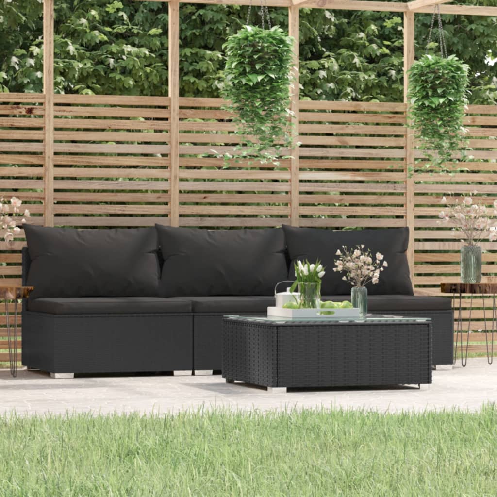 4-tlg. Garten-Lounge-Set mit Auflagen Schwarz Poly Rattan | Stepinfit