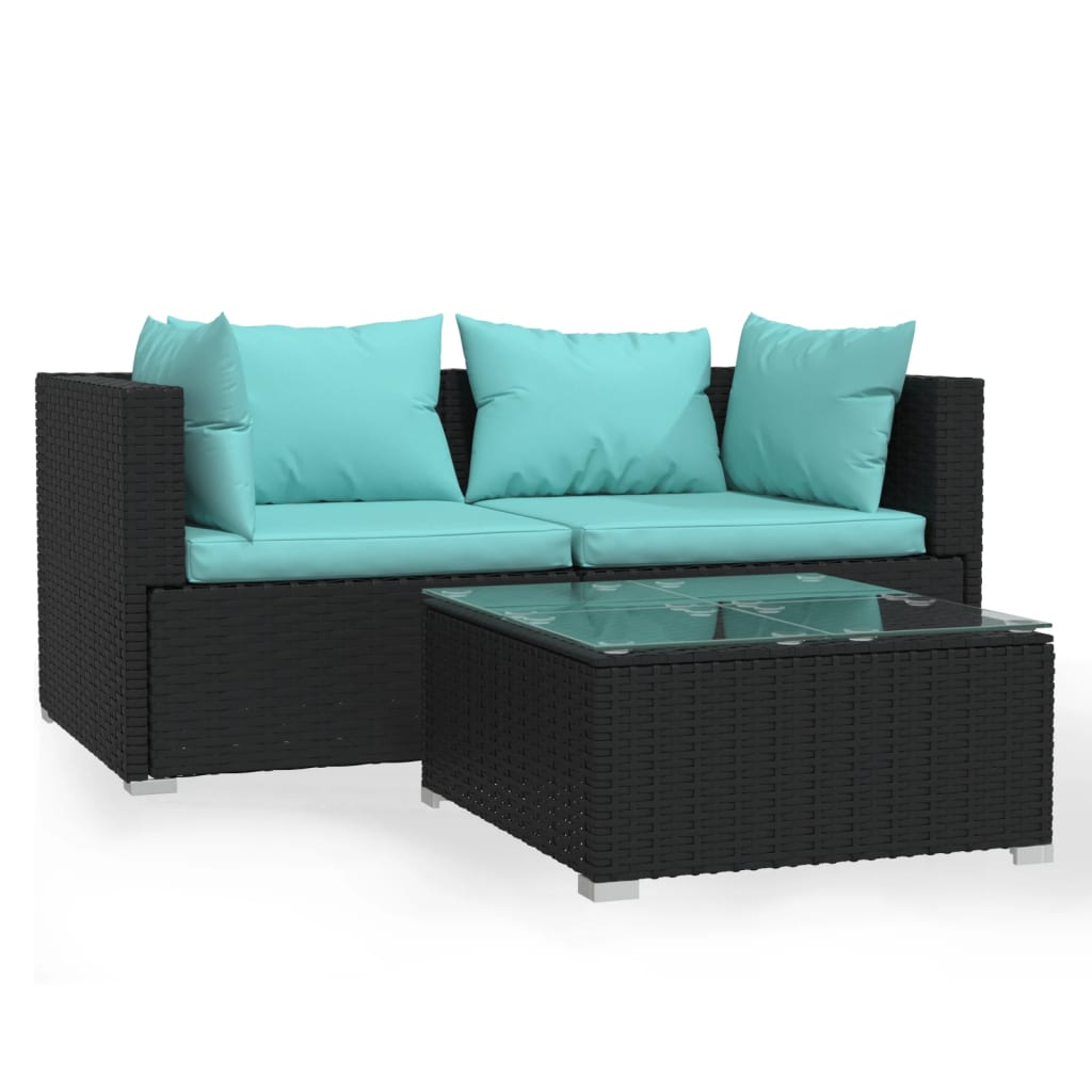 

vidaXL 3 Piece Patio Lounge Set with Cushions Black Poly Rattan