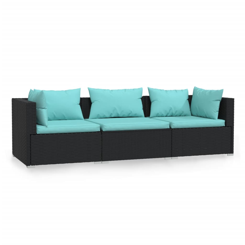 

vidaXL 3-Seater Sofa with Cushions Black Poly Rattan