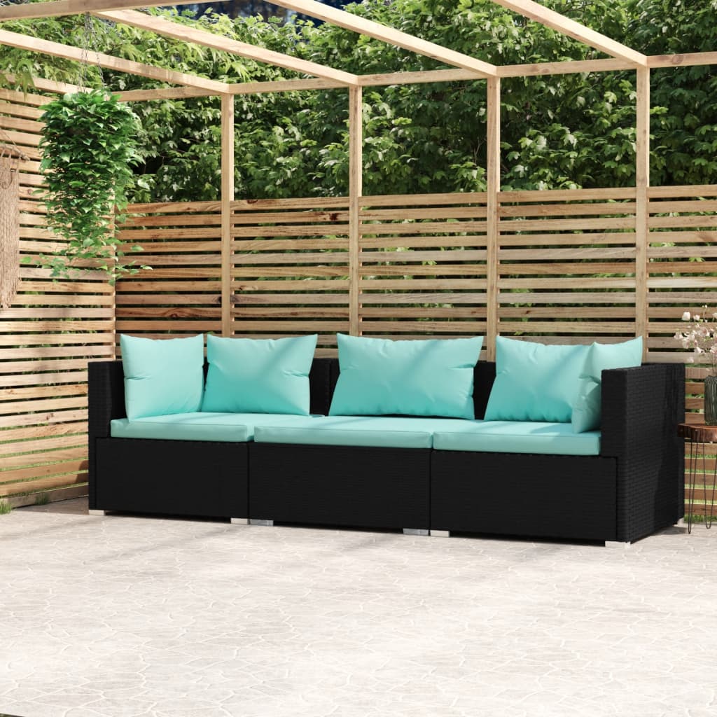 3-Sitzer-Sofa mit Auflagen Schwarz Poly Rattan kaufen