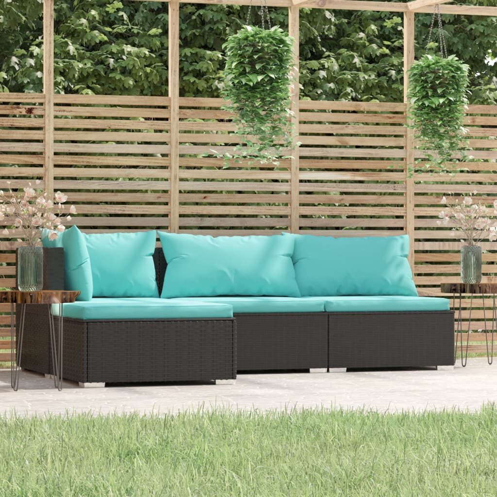 vidaXL Set mobilier de grădină cu perne, 4 piese, negru, poliratan vidaXL