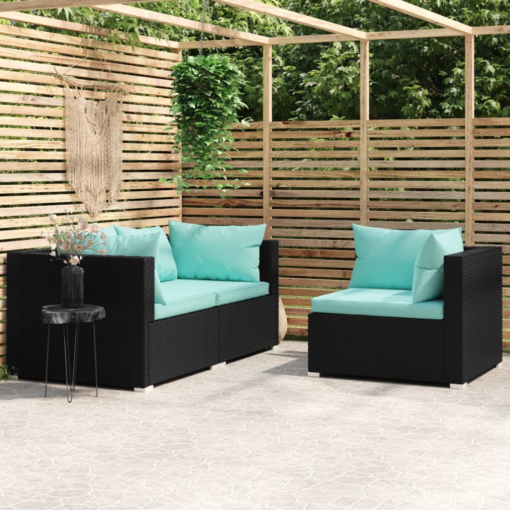 3-tlg. Garten-Lounge-Set mit Kissen Schwarz Poly Rattan kaufen