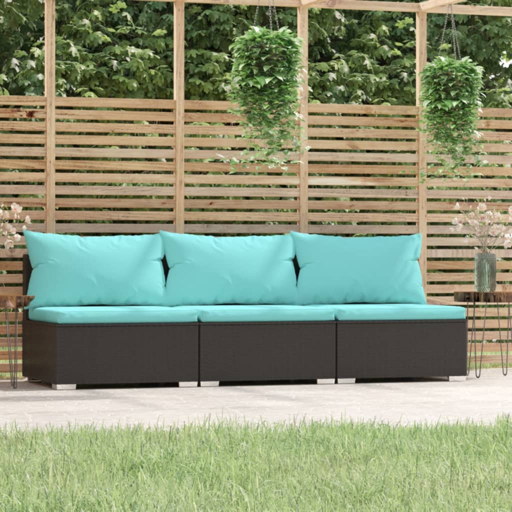 vida XL 3-Sitzer-Sofa mit Auflagen Schwarz Poly Rattan