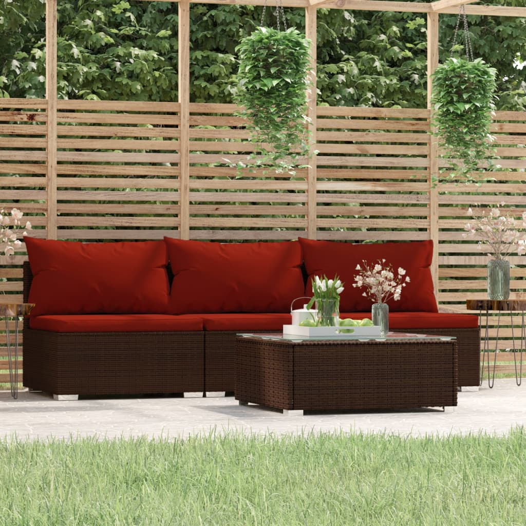 4-tlg. Garten-Lounge-Set mit Kissen Braun Poly Rattan kaufen
