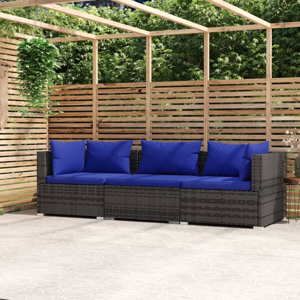 vidaXL 3-Sitzer-Sofa mit Kissen Grau Poly Rattan