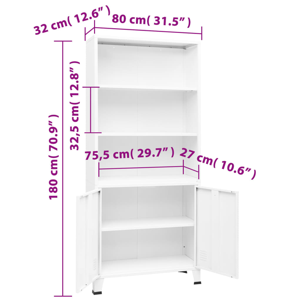 Bibliotecă tip industrial, alb, 80x32x180 cm, oțel