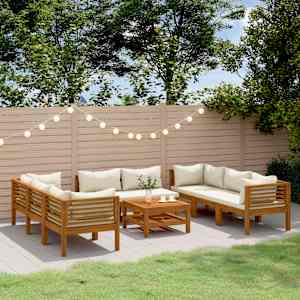 Vrtna sedežna garnitura 9-delna s krem blazinami akacijev les