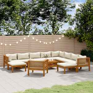 Vrtna sedežna garnitura 12-delna s krem blazinami akacijev les