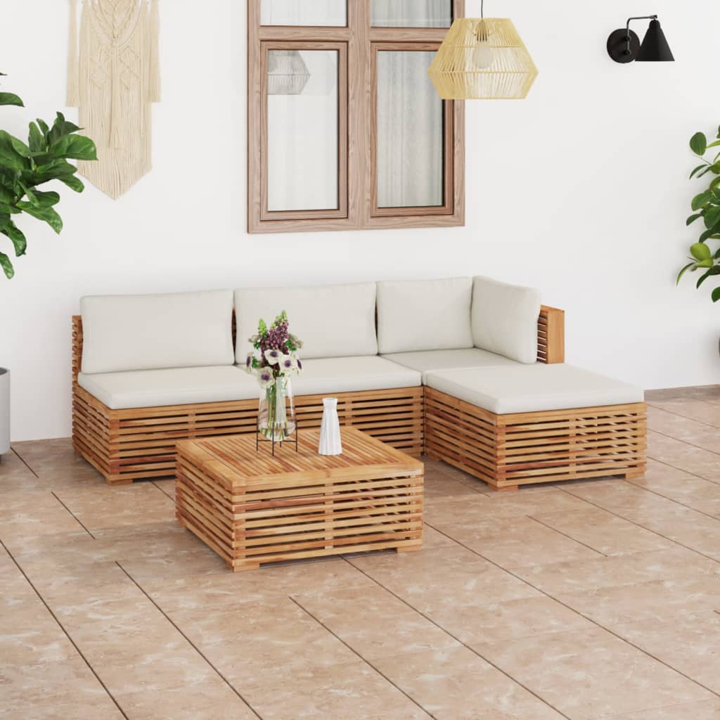 vida XL 5-tlg. Garten-Lounge-Set mit Creme Kissen Massivholz Teak