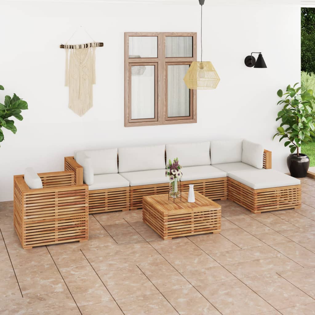 vidaXL Set mobilier de grădină cu perne crem 7 piese lemn masiv de tec Crem imagine noua