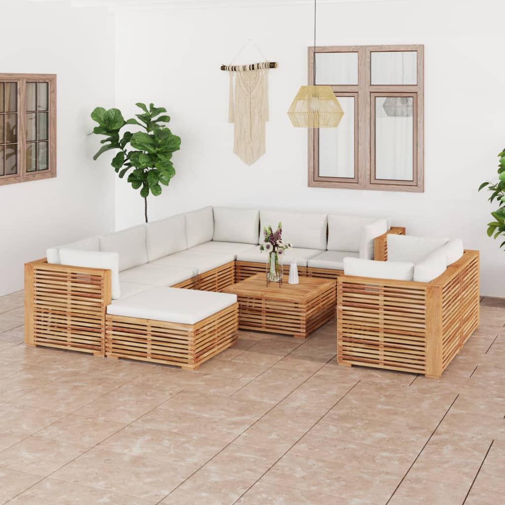 vidaXL Set mobilier grădină cu perne crem, 10 piese, lemn masiv de tec vidaXL imagine model 2022