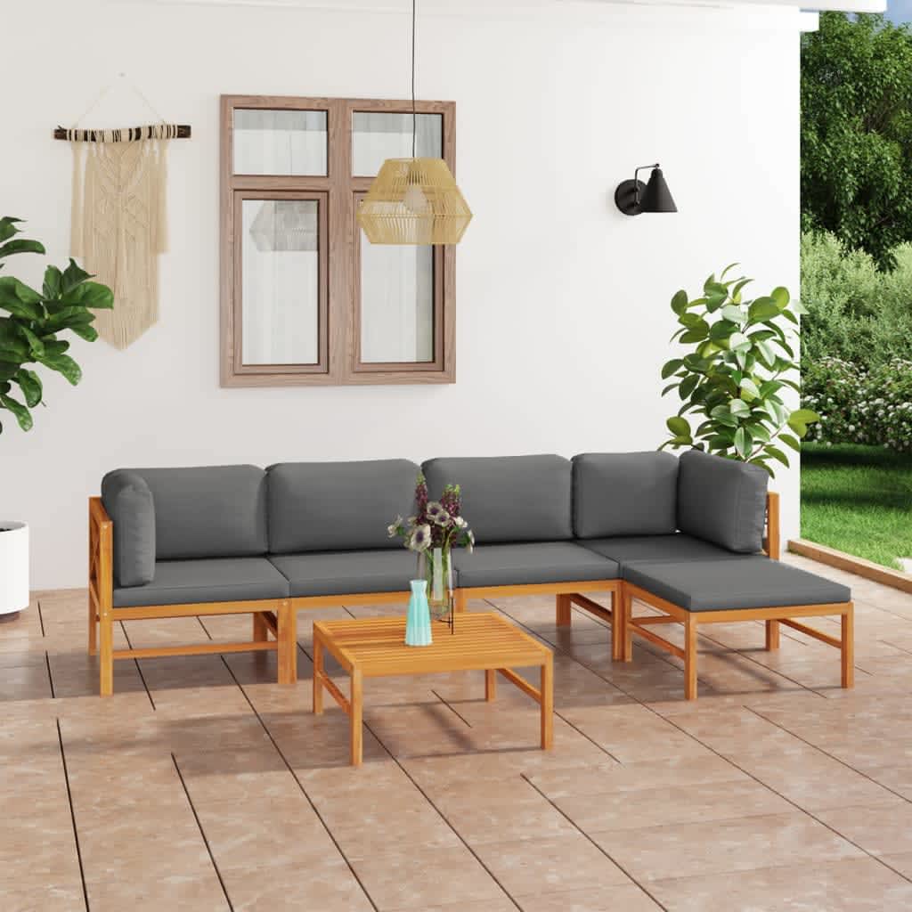 vida XL 6-tlg. Garten-Lounge-Set mit Grauen Kissen Massivholz Teak