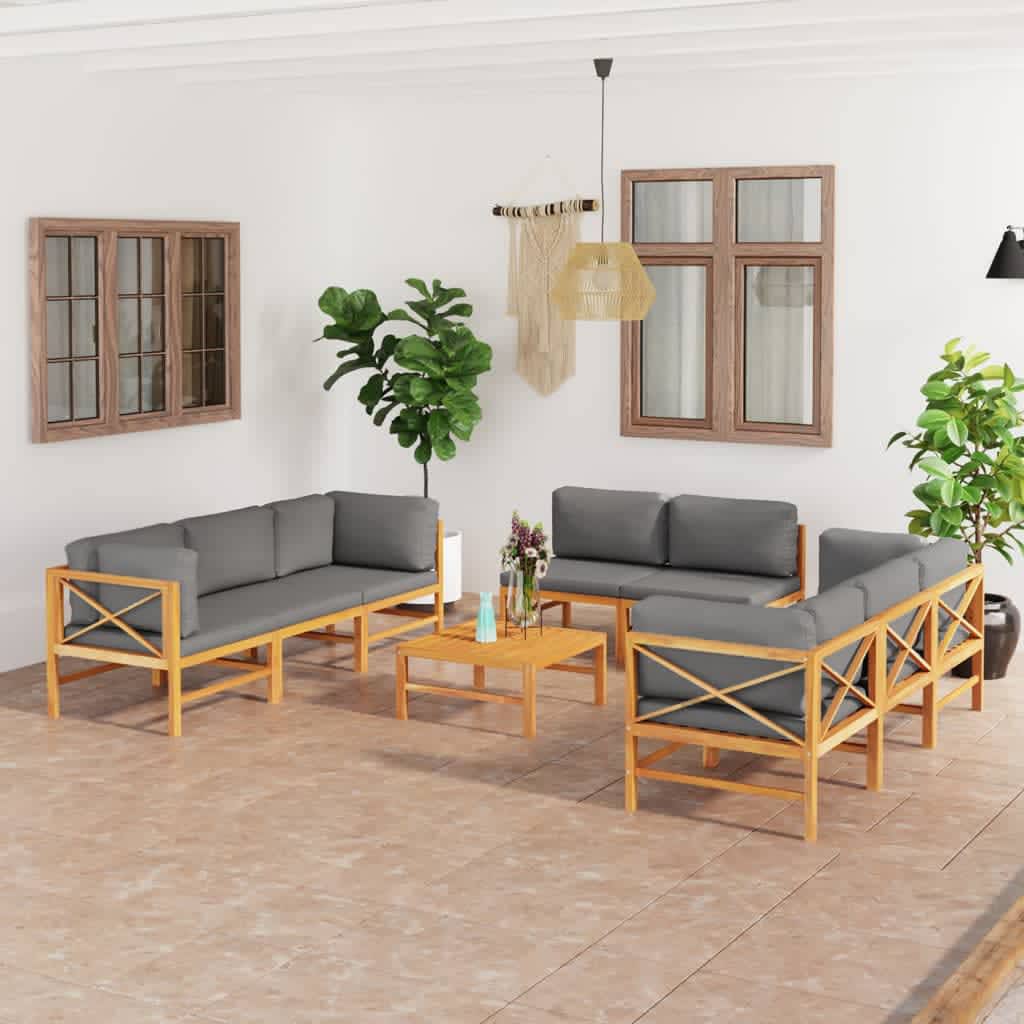 vidaXL Set mobilier grădină cu perne gri, 9 piese, lemn masiv de tec vidaxl.ro