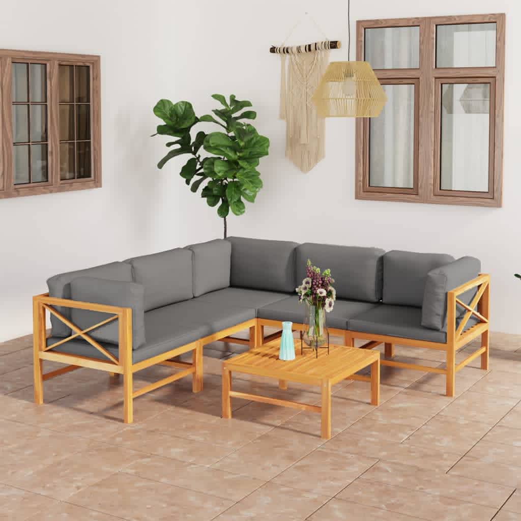 vida XL 6-tlg. Garten-Lounge-Set mit Grauen Kissen Massivholz Teak