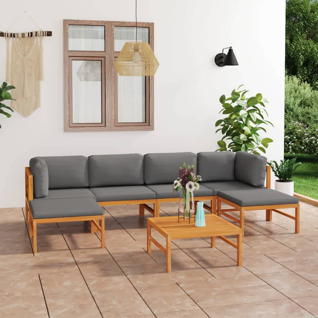 Vidaxl Set Mobilier Gradina Cu Perne Gri, 7 Piese, Lemn Masiv De Tec